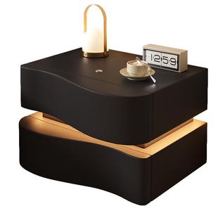 三梦实木床头柜带灯2025新款轻奢高级家用感卧室小型黑色床边柜子