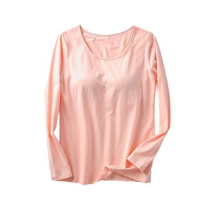 带胸垫棉长袖罩杯内衣一体T恤睡衣家居服瑜伽服女自带免文胸底衫