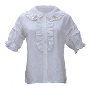 lolita小舞曲娃娃领长袖衬衫宽松内搭百搭木耳边蓝色粉色清仓微瑕