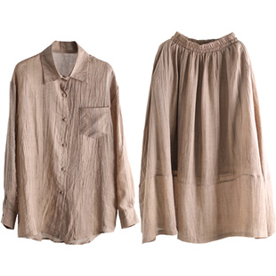 兮风复古文艺超仙减龄苎麻套装025春夏长袖衬衫+茧型花苞裙半身裙