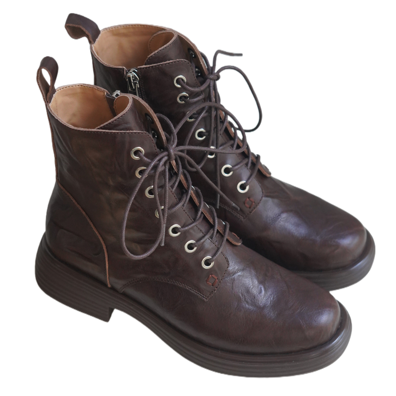 奈里法式复古栗色牛皮圆头系带平底马丁靴简约百搭侧拉链平跟短靴