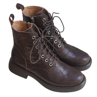 奈里法式复古栗色牛皮圆头系带平底马丁靴简约百搭侧拉链平跟短靴