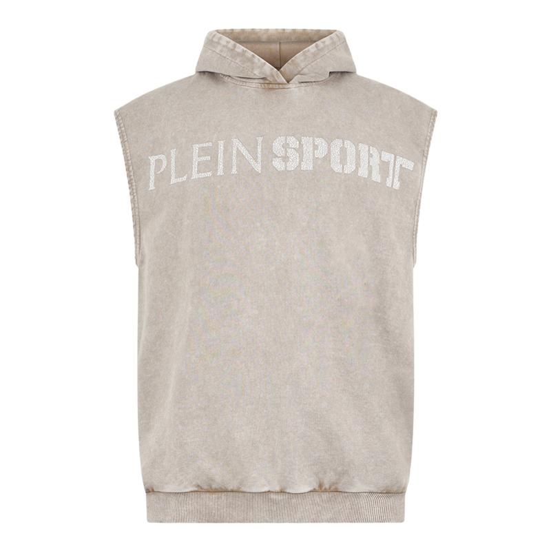 PLEIN SPORT 男士复古做旧无袖连帽卫衣宽松马甲上衣