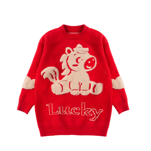 女童毛衣红色卡通新年冬装2025新款中大童时髦保暖针织衫中长款潮