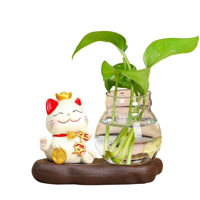 卡通招财猫家居办公桌装饰品摆件茶桌水培器皿植物花瓶插花小摆设