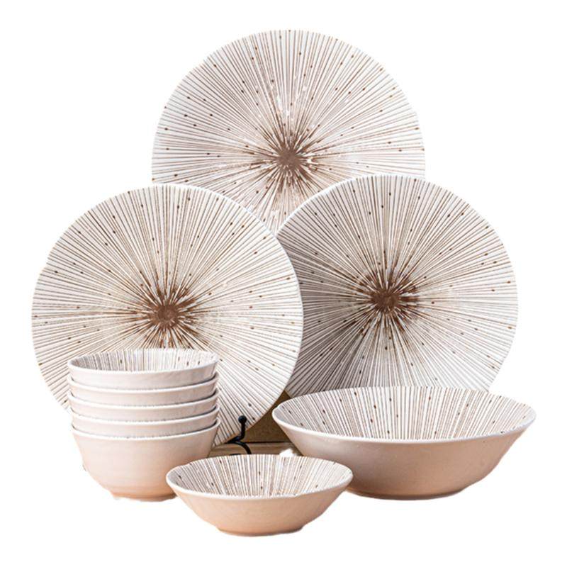 MinoYaki 美浓烧千段十草浮雕餐具 日式进口陶瓷碗碟盘8/12件家用