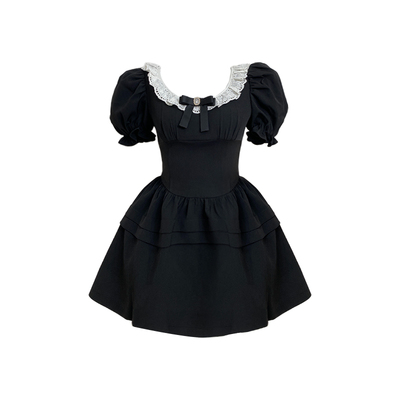 蝴蝶结泡泡袖小黑裙夏季