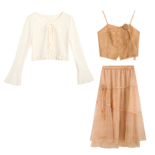 紫涵新中式套装裙女夏季新款休闲国风吊带针织小衫网纱长裙多件套