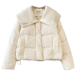 羊羔毛拼接娃娃大翻领带钻羽绒服女士2025冬装巨好看的新短款外套