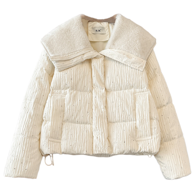 羊羔毛拼接娃娃大翻领带钻羽绒服