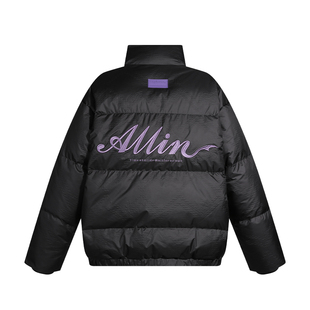 ALLIN 黑色鸭绒羽绒服男款冬季美式潮牌字母刺绣立领短款情侣外套
