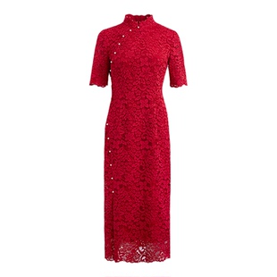 黛玛诗宴会礼服裙2026春新款连衣裙优雅新中式红色蕾丝旗袍女短袖