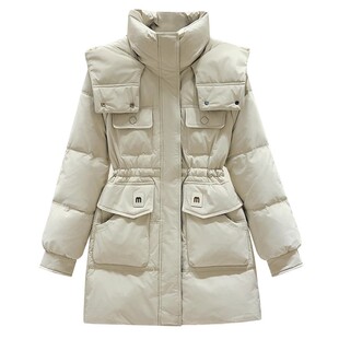 绿色连帽收腰中长款羽绒服女遮屁股洋气2025冬季新款加厚保暖外套