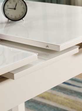 伸缩餐桌小户型家用现代简约白色烤漆抽拉式桌椅组合钢化玻璃rω