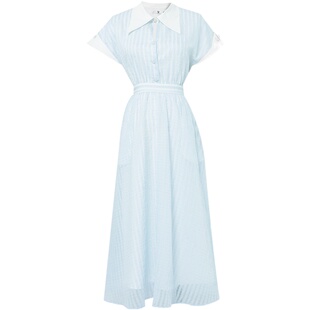 夏季女装2026新款气质天蓝色收腰显瘦格纹衬衫连衣裙纱裙长裙