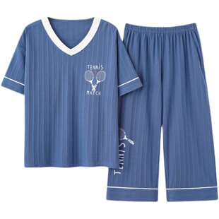 睡衣女士夏季薄款休闲韩版可爱短袖七分裤两件套装大码夏天家居服