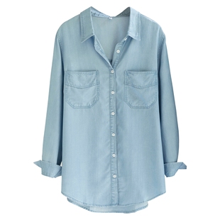 出口外贸韩版天丝棉水洗牛仔衬衫女宽松显瘦垂感叠穿上衣薄款外套