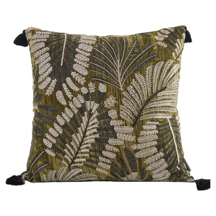 珑衍家居简约侘寂绿色绒面树叶绣花靠垫抱枕样板房沙发流苏方枕