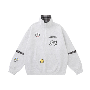 LAMLICKA灰色拼接格纹半拉链卫衣男春秋潮牌重磅宽松套头长袖上衣