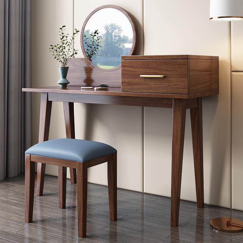 现代简约胡桃木实木梳妆台北欧小户型卧室家用收纳柜妆台凳组合