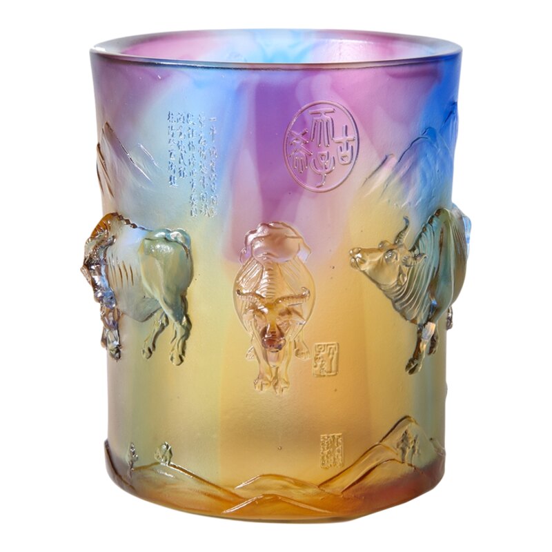 琉璃透明蓝方形笔筒桌面收纳
