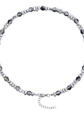 黑冰裂白猫眼石碎银子圆珠项链男