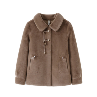 中年妈妈冬装洋气短款毛呢外套中老年女装保暖皮毛一体仿貂绒大衣