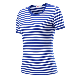 夏季海魂衫短袖t恤女士国潮复古蓝白条纹大妈纯棉半袖定制工作服T