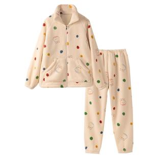 【双层加厚】牛奶绒羊羔绒内里珊瑚绒睡衣女秋冬季拉链兔子家居服