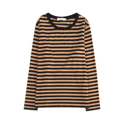纯棉长袖条纹T恤女新款秋装大码宽松洋气妈妈上衣打底衫圆领内搭