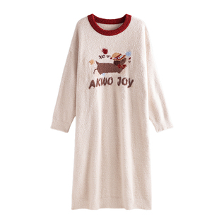 睡裙女款秋冬季长袖半边绒家居服可爱大码长款睡袍冬天珊瑚绒睡衣