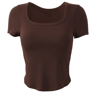 movingtime固定杯瑜伽服女短袖健身上衣修身显瘦普拉提运动短T恤