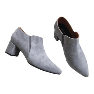 白宫牛皮软底软面春秋短靴女粗跟尖头5.5厘米高跟及踝靴裸靴羊皮