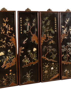 清代红木镶漆地百宝嵌花鸟四条屏