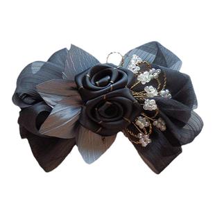 女士头饰新款黑色绢纱大卡子优雅气质花朵后脑勺马尾夹弹簧扭扭夹