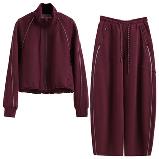 美式运动套装女2026新款独特漂亮一整套冬装紫色卫衣弯刀裤两件套
