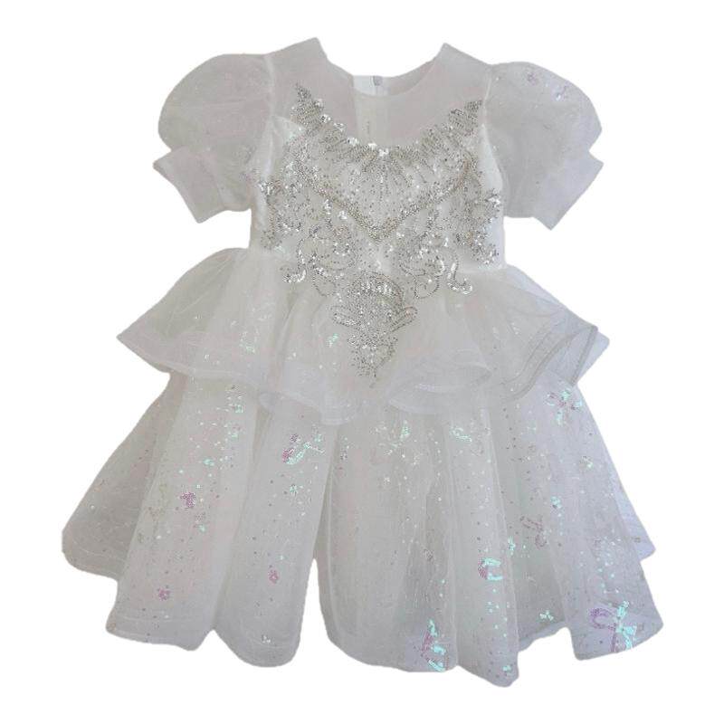 女童高端公主裙夏季小女孩生日礼服连衣裙高级花童婚纱白色演出服