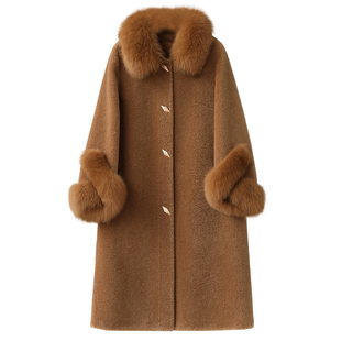 羊剪绒大衣女2025冬新狐狸毛领优雅气质奢华海宁羊毛颗粒皮草外套