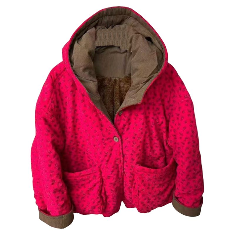 冬季加绒加厚连帽碎花棉服女棉衣
