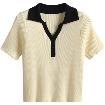 短袖复古薄款纽扣撞色冰丝女