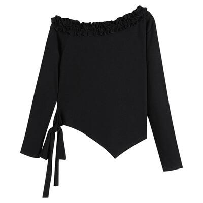 弥古法式黑色一字肩露肩长袖上衣女修身设计感春秋高级感斜肩t恤