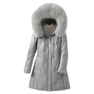 海宁真皮羽绒女外套中长款连帽狐狸毛领修身加大2025新款绵羊皮衣