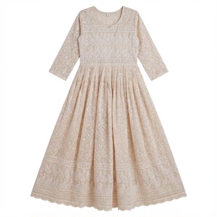 c1-1-3印度进口服饰棉质重工刺绣高腰气质长款连衣裙七分袖米白色