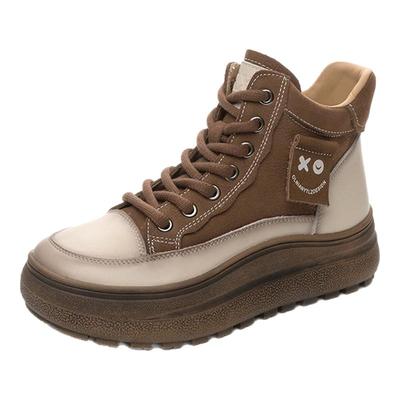 头层牛皮厚底瘦瘦靴圆头系带