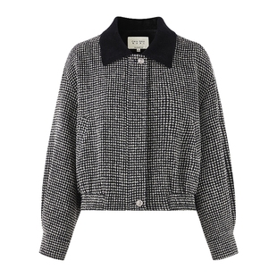 秋水伊人千鸟格撞色翻领短款外套女2025冬季新款经典复古宽松上衣