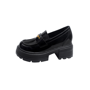 真皮~骄屿厚底乐福鞋女2026春新款小个子增高粗高跟一脚蹬小皮鞋