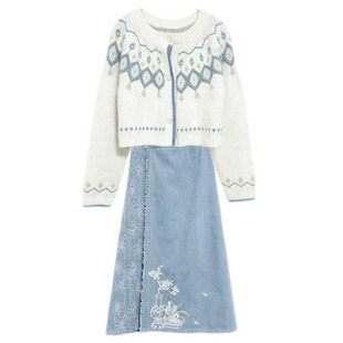 云藏月绣 枕河听暖 原创慵懒风圆领毛衣开衫外套牛仔半裙套装秋冬