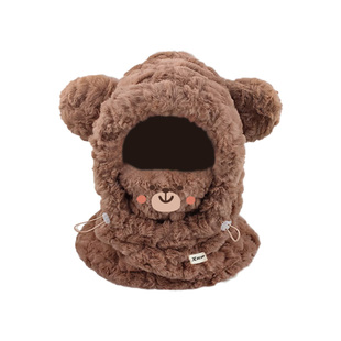 特步小熊帽子加绒男女童骑行防风面罩保暖可爱围脖护耳一体连帽冬