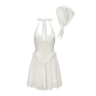 [甄选5折]NanaJacqueline明星同款挂脖蝴蝶结连衣裙暗纹提花裙女