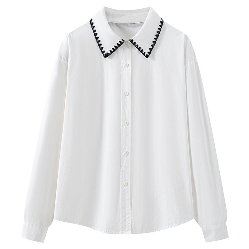 2026春纯棉刺绣长袖女衬衫上衣